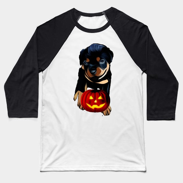 Happy Rottweiler Halloween Baseball T-Shirt by Freedomink